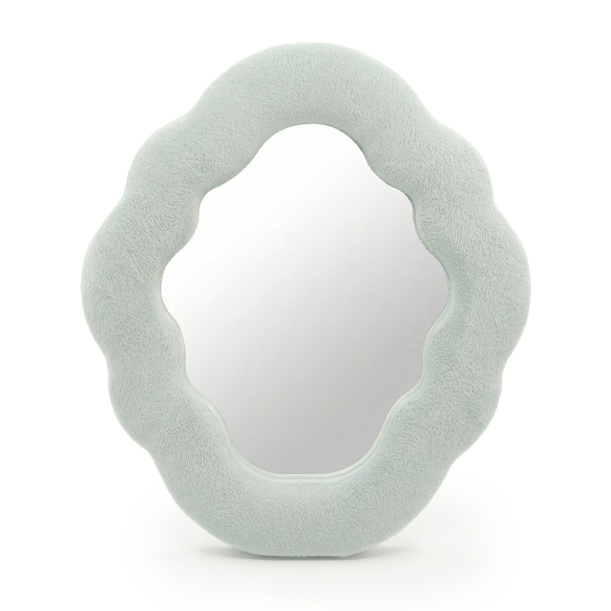 Soft squiggly cloud mirror in serene Cloud Blue velvet frame with smooth rounded silhouette