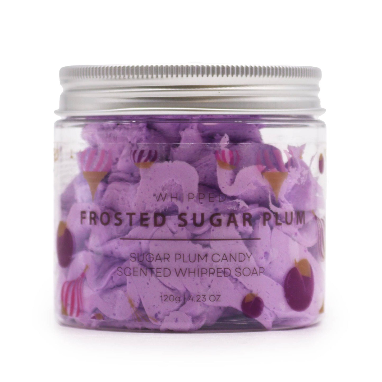 Frosted Sugar Plum Whipped Soap 120g jar topped with pink biodegradable glitter and sugar plum decoration