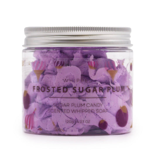 Frosted Sugar Plum Whipped Soap 120g jar topped with pink biodegradable glitter and sugar plum decoration