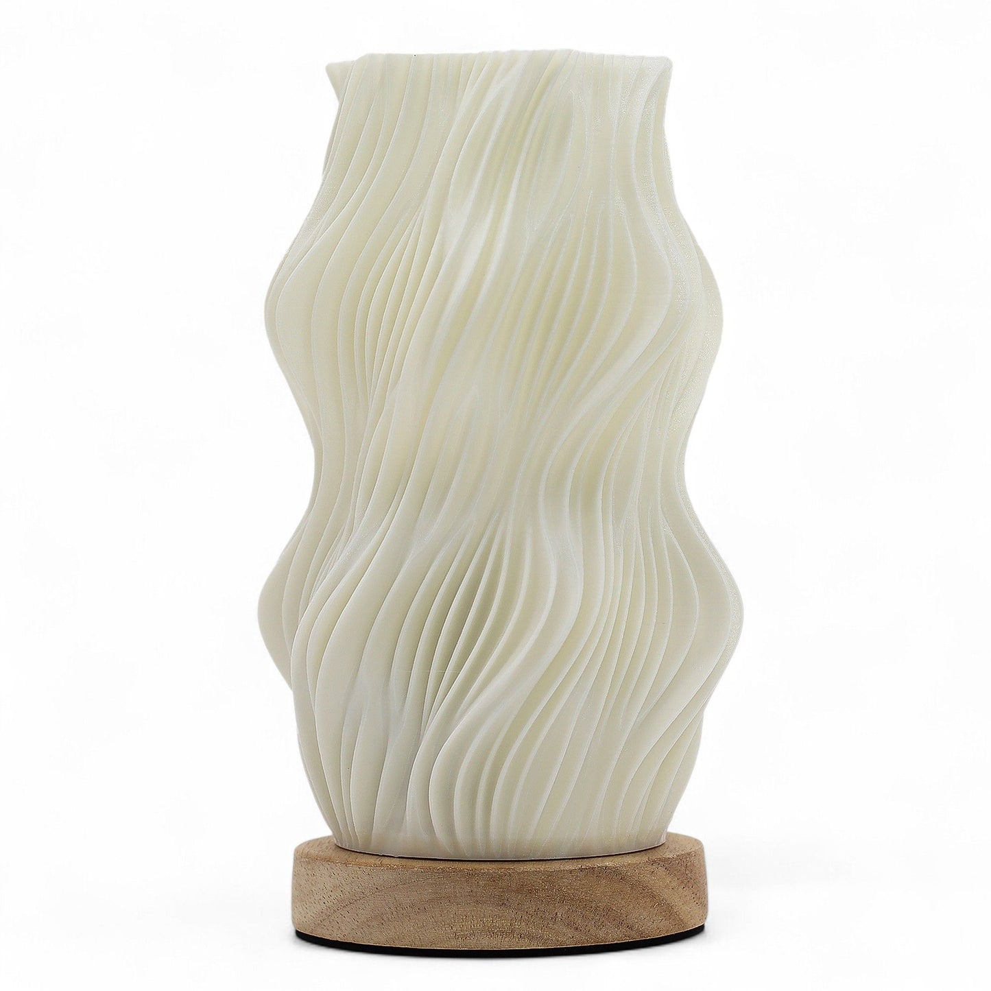 Star Twisted New Wave USB-C lamp with textured honeycomb surface and elegant star-inspired twisted shape, warm glow on 3rd brightness setting, placed on wooden base