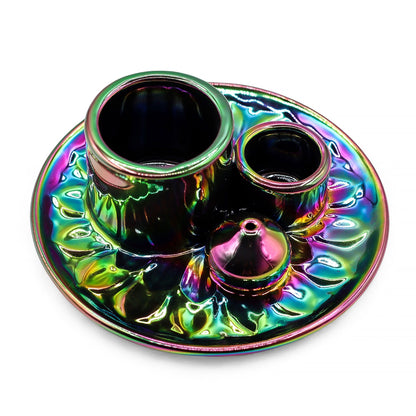 Multicolored ceramic incense holder with three compartments