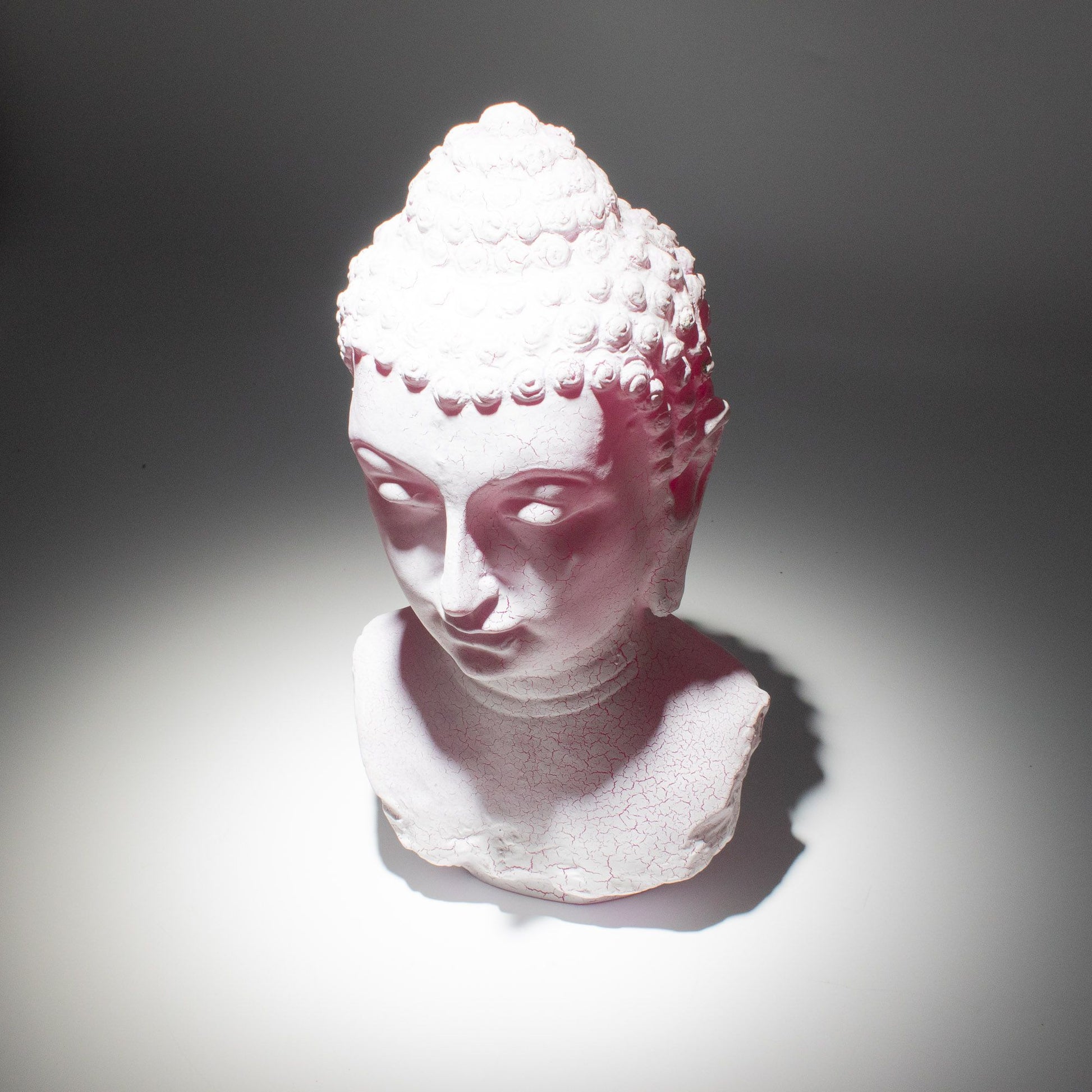 Buddha Bust Lamp with crackle textured surface on modern oval stand