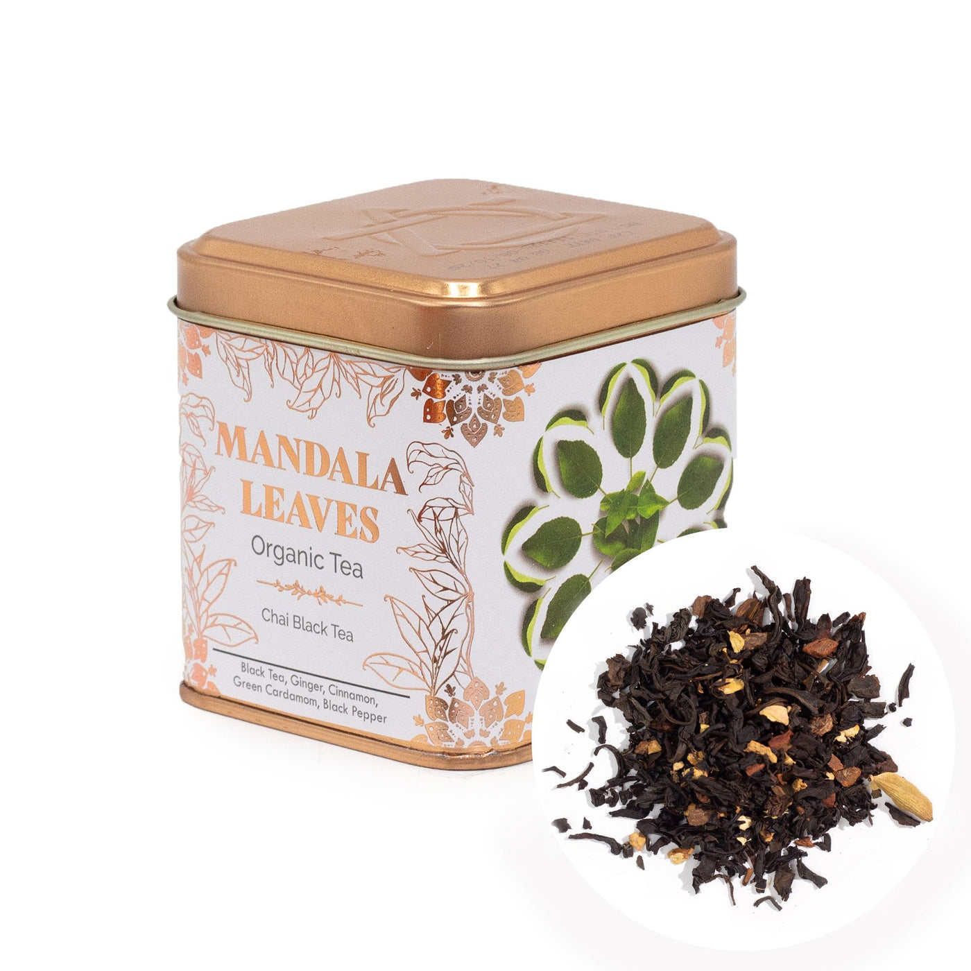 50g tin of organic chai black tea with loose leaves, ginger, cinnamon sticks, cardamom pods & black peppercorns