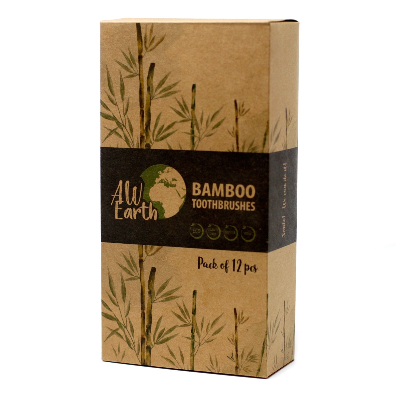 Box of Bamboo Toothbrushes by AW Earth with bamboo illustrations on a white background