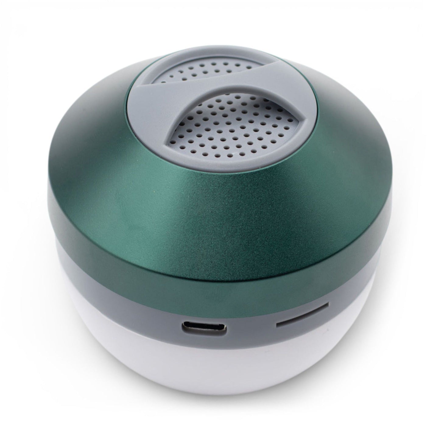 Green Camping Hanging Light & Mini Speaker hanging from tent ceiling with soft LED glow and Bluetooth music playing, compact cube design with carry loop visible