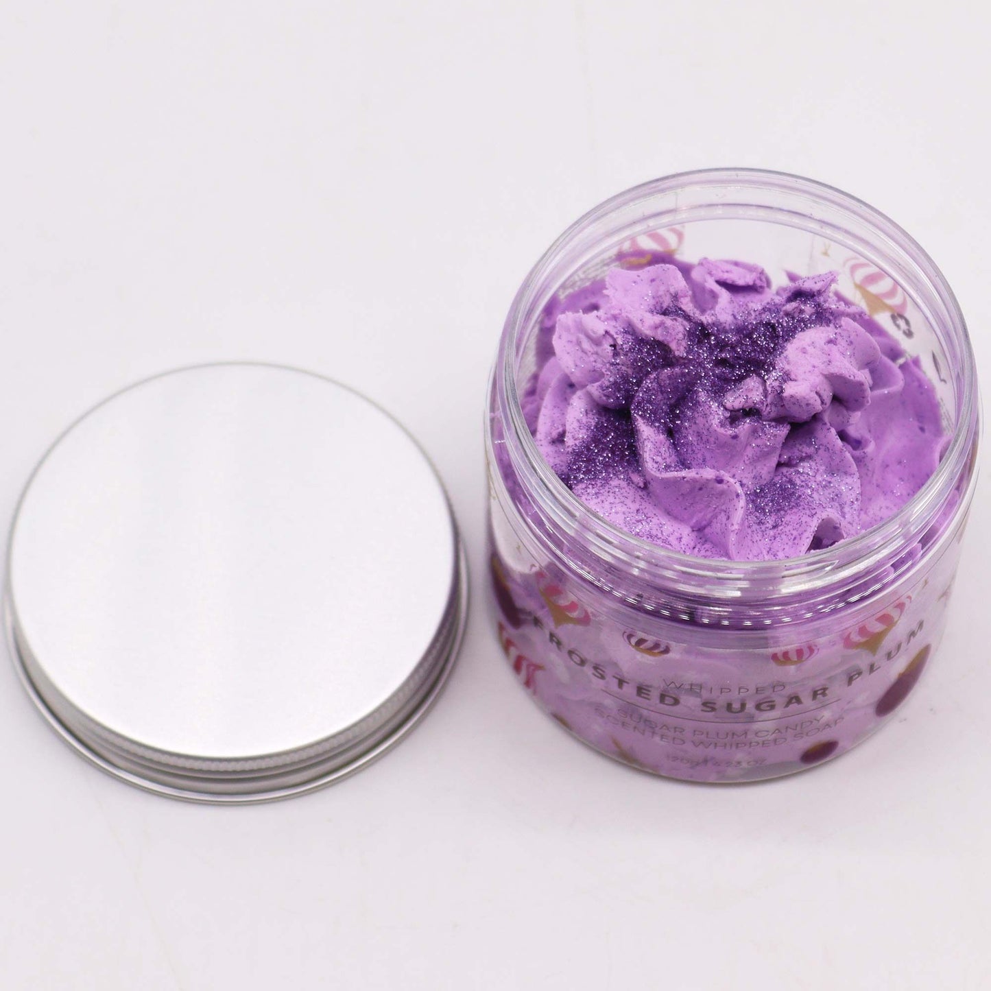 Frosted Sugar Plum Whipped Soap 120g jar topped with pink biodegradable glitter and sugar plum decoration