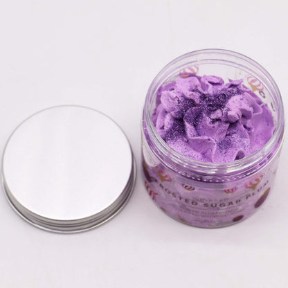 Frosted Sugar Plum Whipped Soap 120g jar topped with pink biodegradable glitter and sugar plum decoration