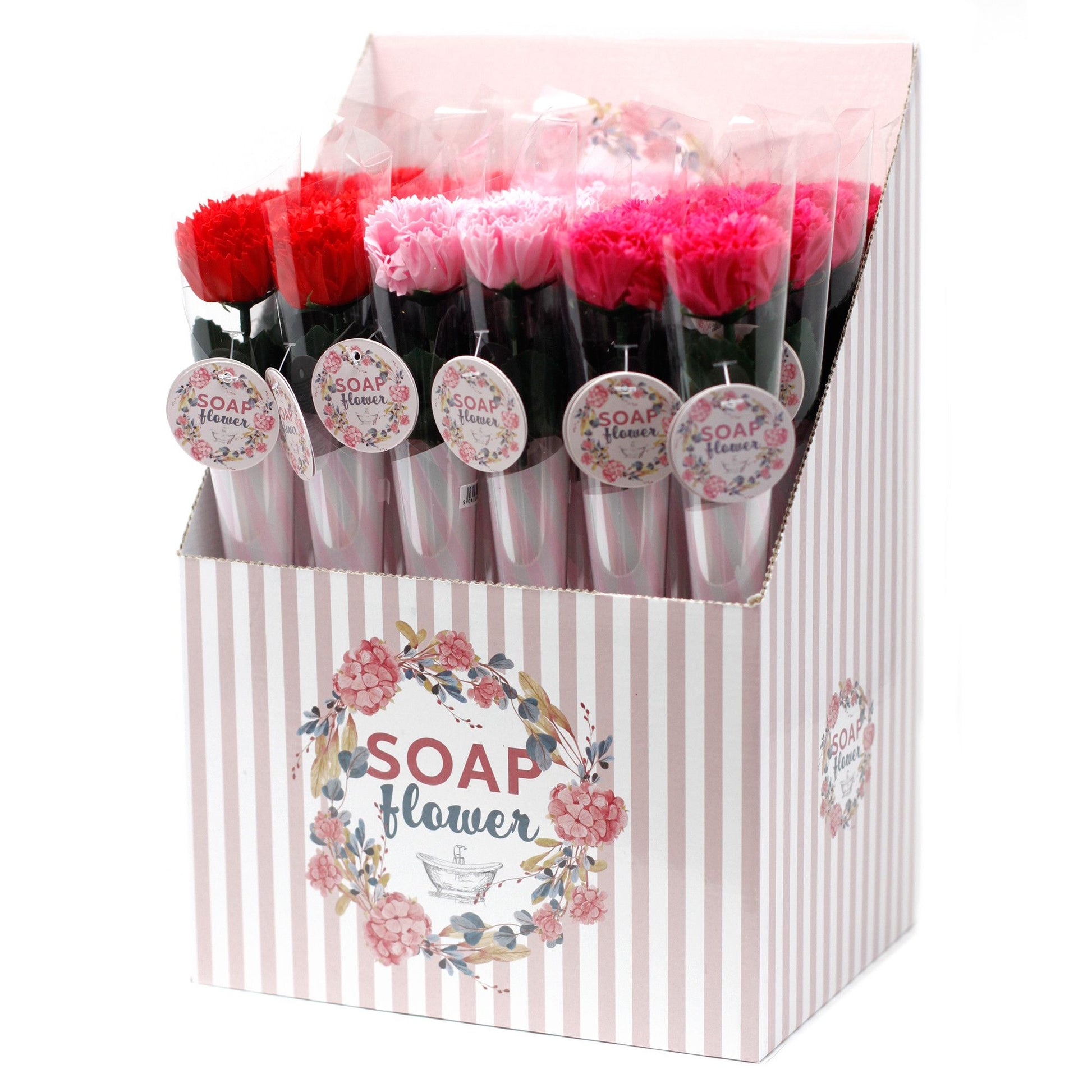 Box of Soap Flower products with red and pink flowers on a white background