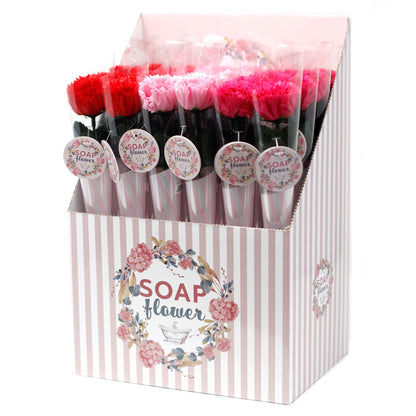 Box of Soap Flower products with red and pink flowers on a white background