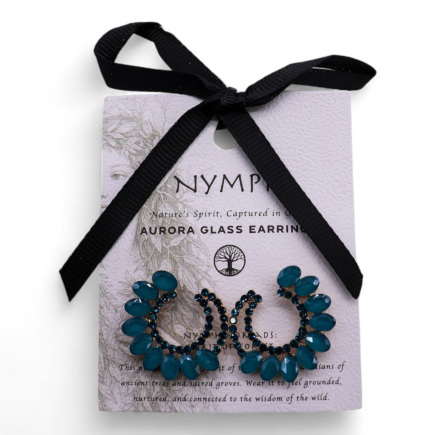 Blue glass earrings on a Nymph branded card with a black ribbon