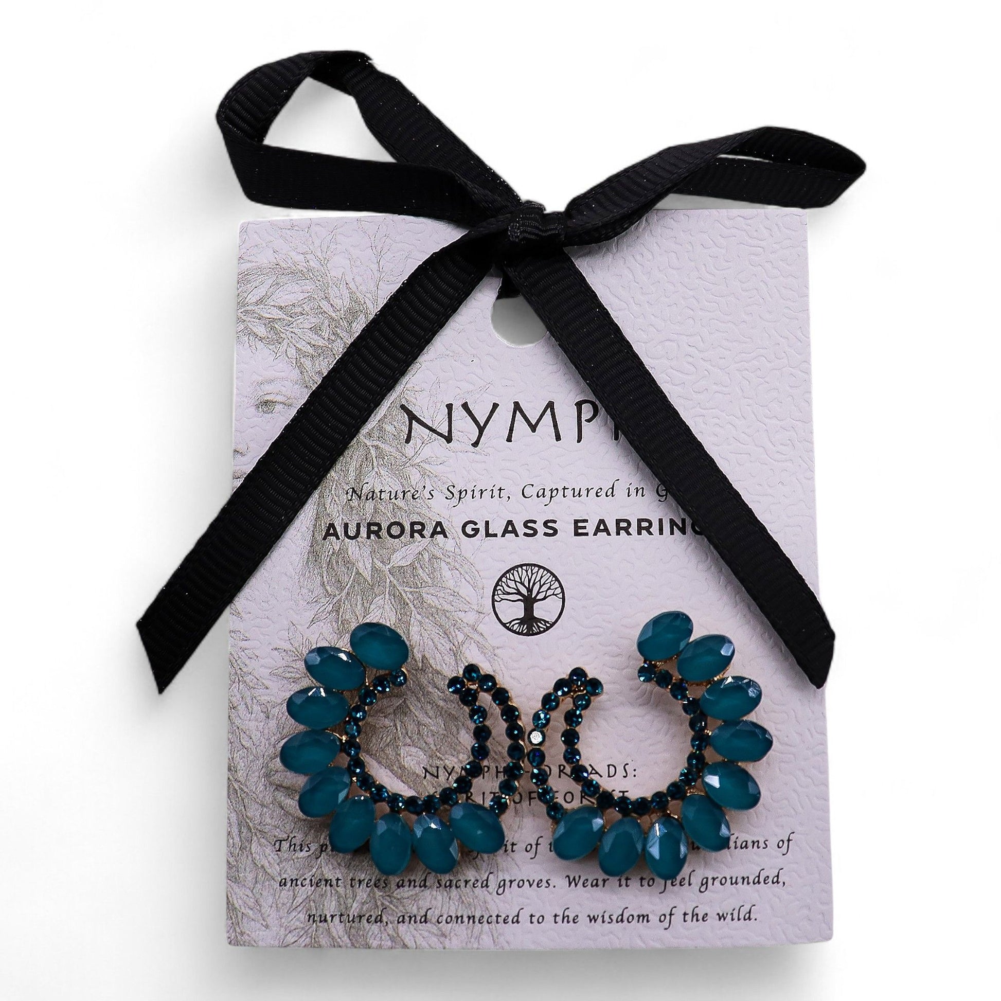 Blue glass earrings on a Nymph branded card with a black ribbon