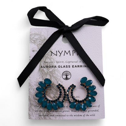 Blue glass earrings on a Nymph branded card with a black ribbon
