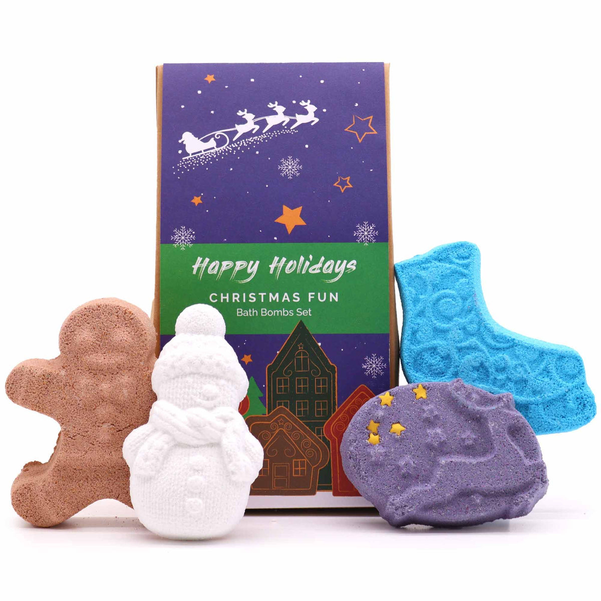 Christmas Fun bath bomb gift set with gingerbread man, ice skate, snowman and reindeer bath bombs individually wrapped in festive kraft box with red bow