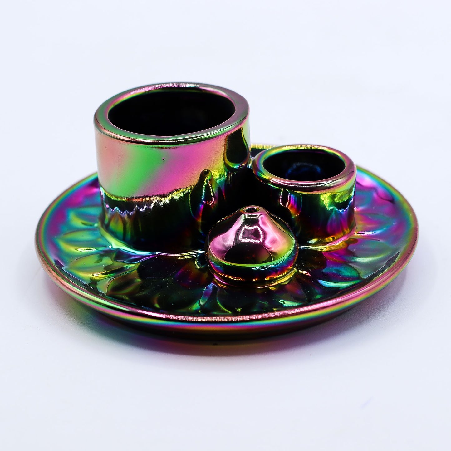 Iridescent metal incense holder set