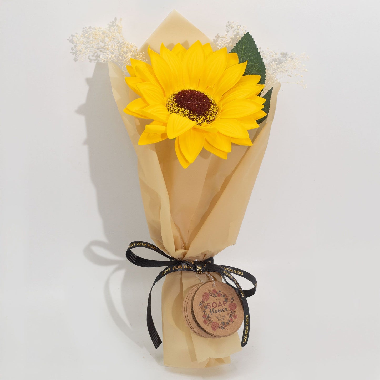 Single Sunflower Soap Flower Bouquet with vibrant yellow petals and delicate white accents, wrapped in elegant paper with ribbon, presented as cheerful bath and décor gift