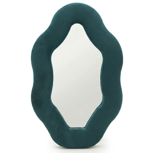Soft squiggly oval pebble mirror in rich royal teal velvet frame with smooth curved edges