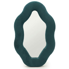 Soft squiggly oval pebble mirror in rich royal teal velvet frame with smooth curved edges