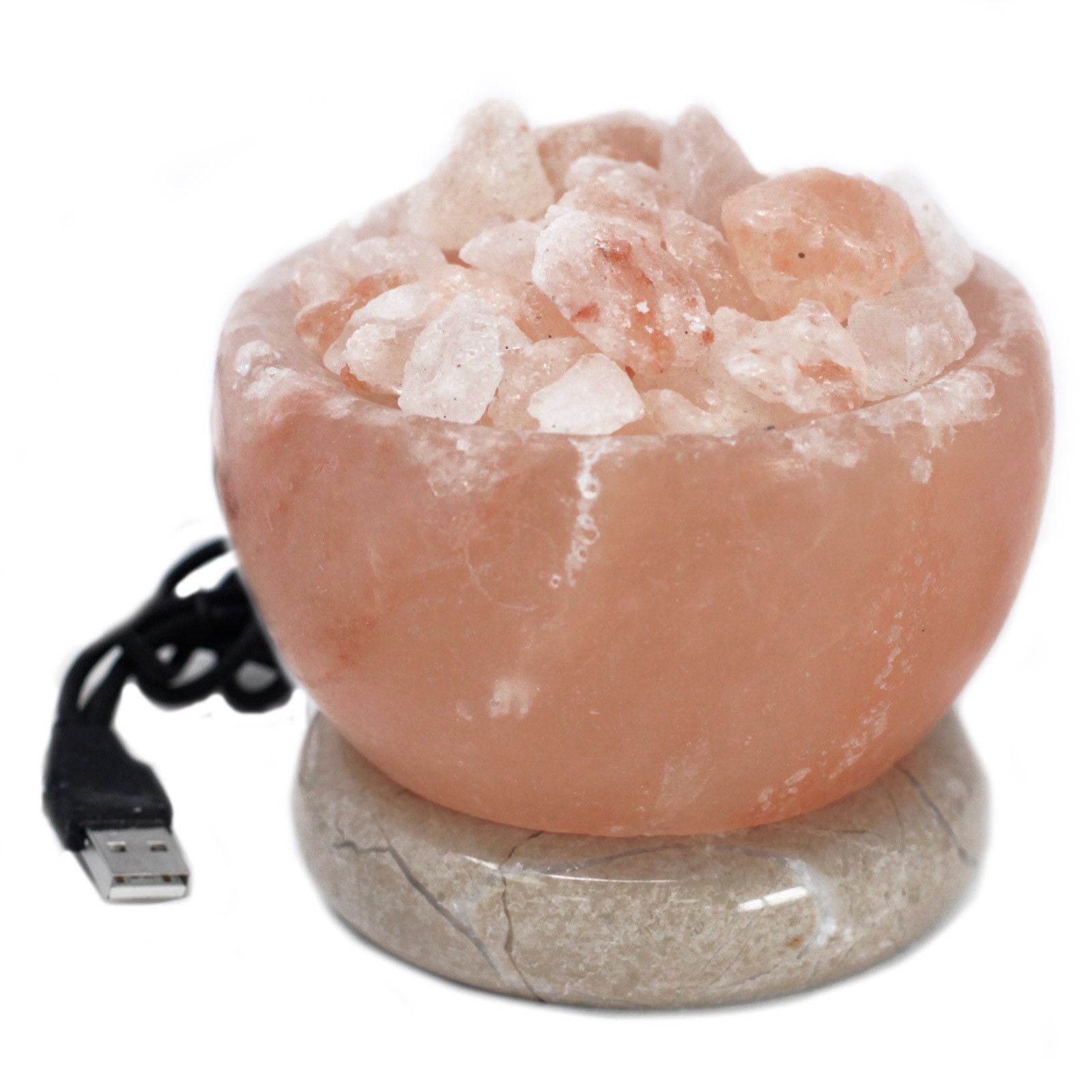 Himalayan salt fire bowl glowing with rotating rainbow colours, pink salt crystals lit from below, USB cable