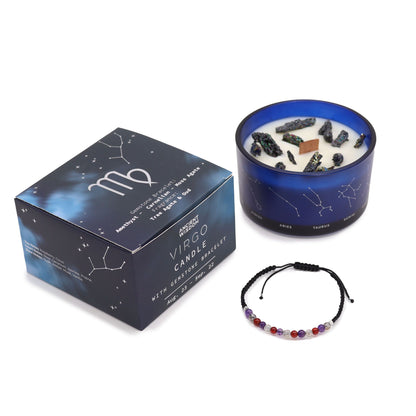 Earth-tone Virgo zodiac candle burning softly beside matching gemstone bracelet with amethyst, carnelian & moss agate beads, styled Virgo constellation card
