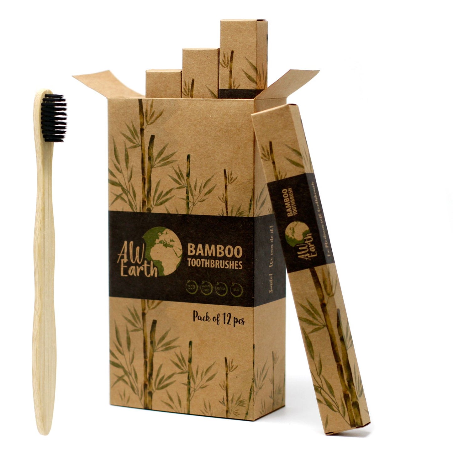 Bamboo toothbrush with packaging featuring AW Earth branding on a white background