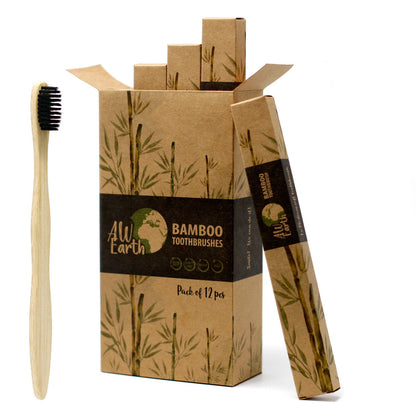 Bamboo toothbrush with packaging featuring AW Earth branding on a white background