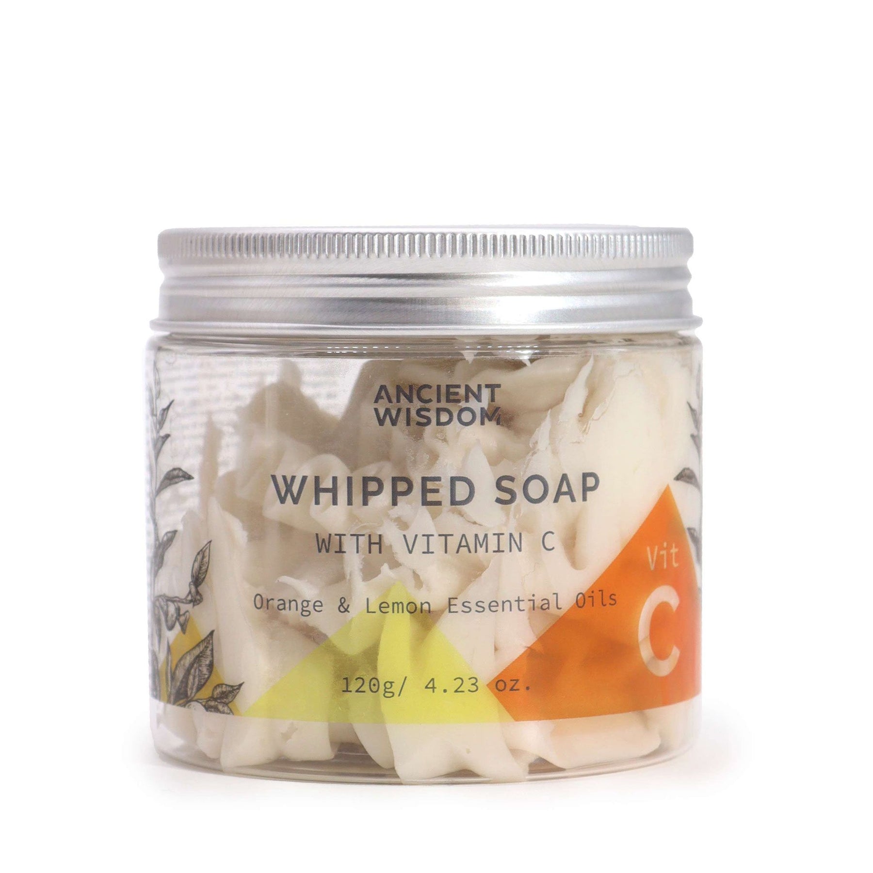 Jar of whipped soap with vitamin C from Ancient Wisdom on a white background