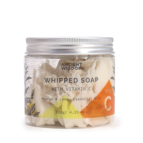 Jar of whipped soap with vitamin C from Ancient Wisdom on a white background