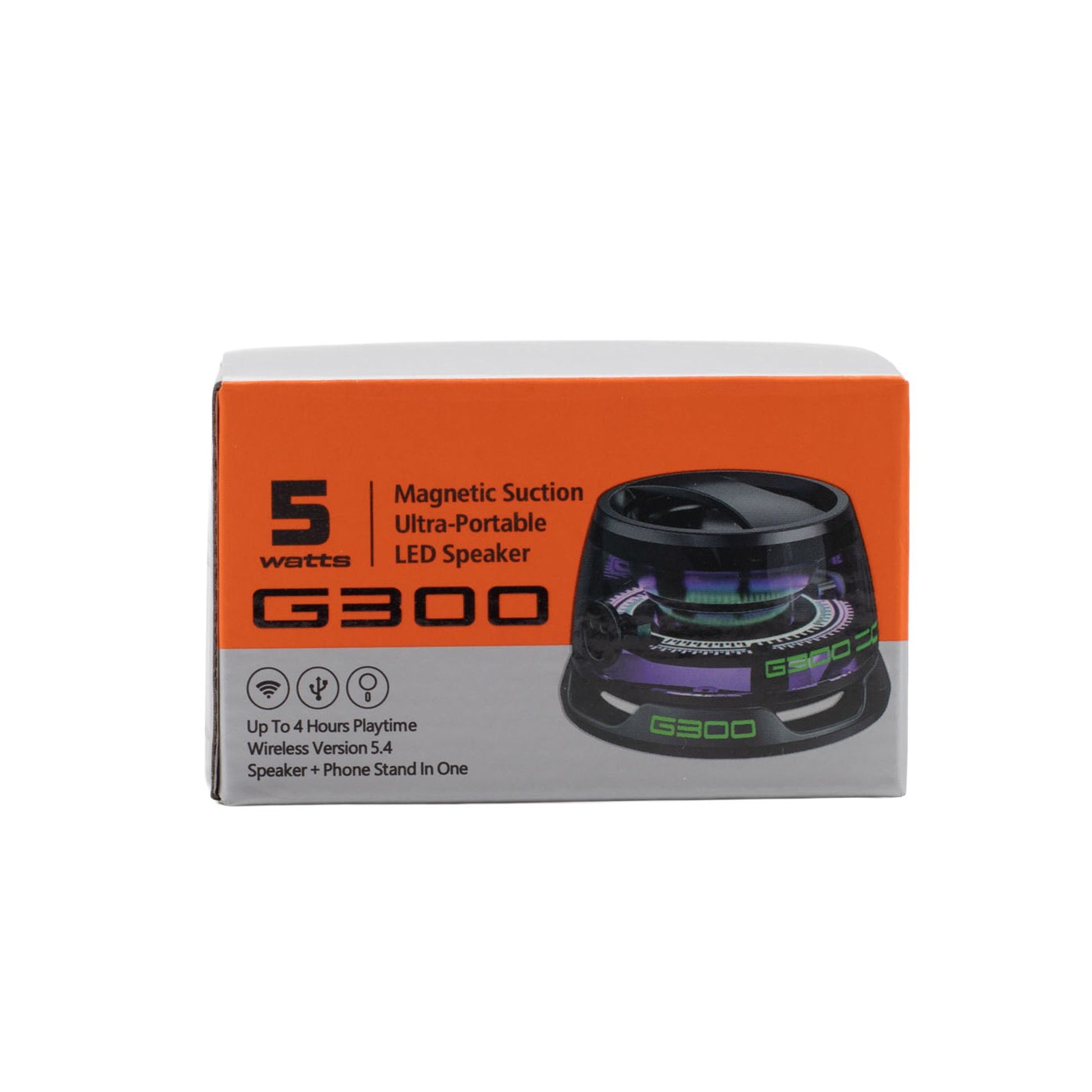 Box of a magnetic suction ultra-portable LED speaker with specifications on an orange and gray background